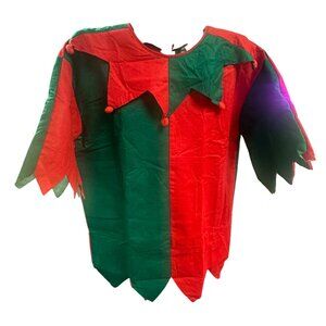 Adult Elf Tunic Costume Red & Green With Jester Collar & Pompoms One Size